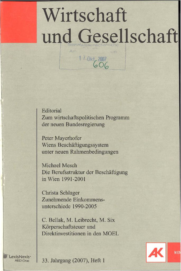 Cover von Wirtschaft und Gesellschaft 2007, Heft 1