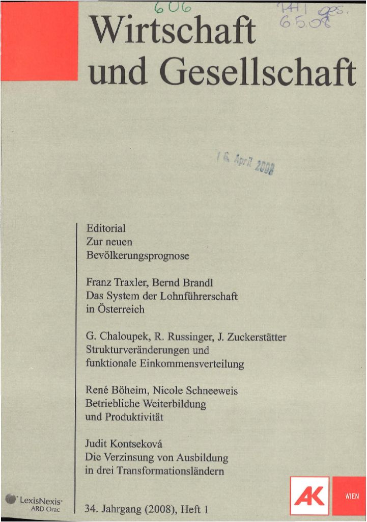 Cover von Wirtschaft und Gesellschaft 2008, Heft 1