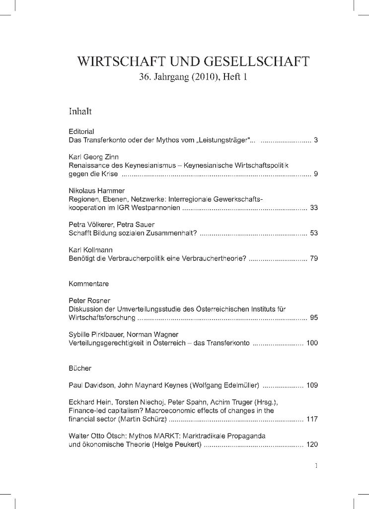 Cover von Wirtschaft und Gesellschaft 2010, Heft 1