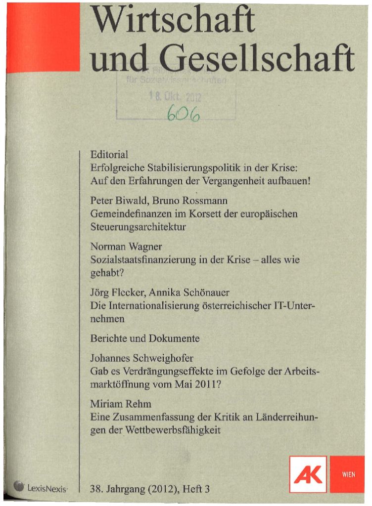 Cover von Wirtschaft und Gesellschaft 2012, Heft 3