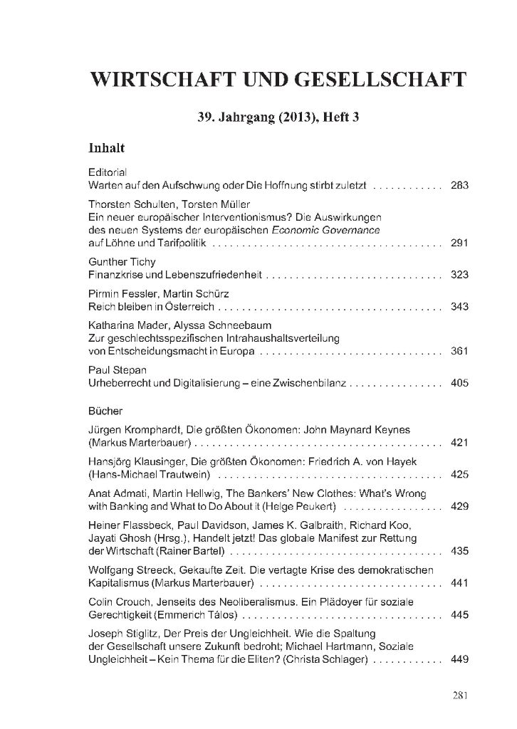 Cover von Wirtschaft und Gesellschaft 2013, Heft 3