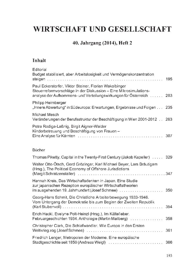 Cover von Wirtschaft und Gesellschaft 2014, Heft 2