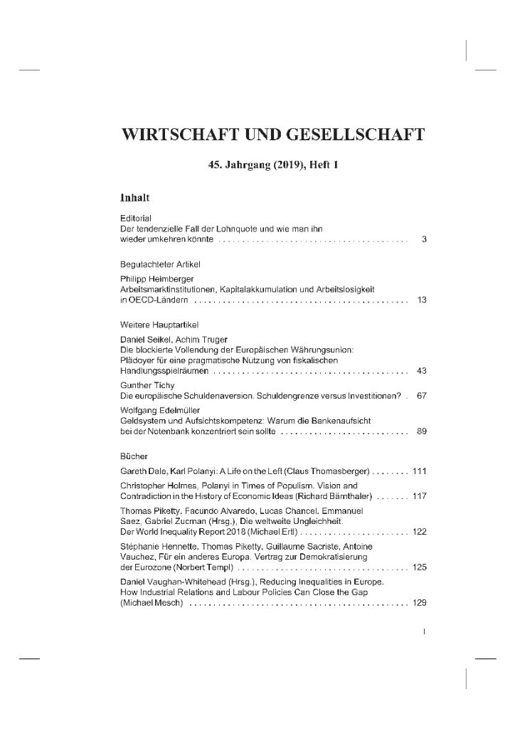 Cover von Wirtschaft und Gesellschaft 2019, Heft 1